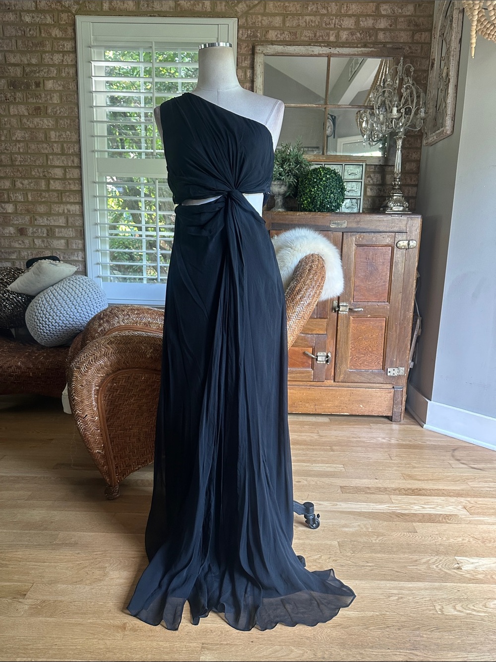 CINQ A SEPT SANDRA CUTOUT ONE SHOULDER GOWN SILK BLACK DRESS